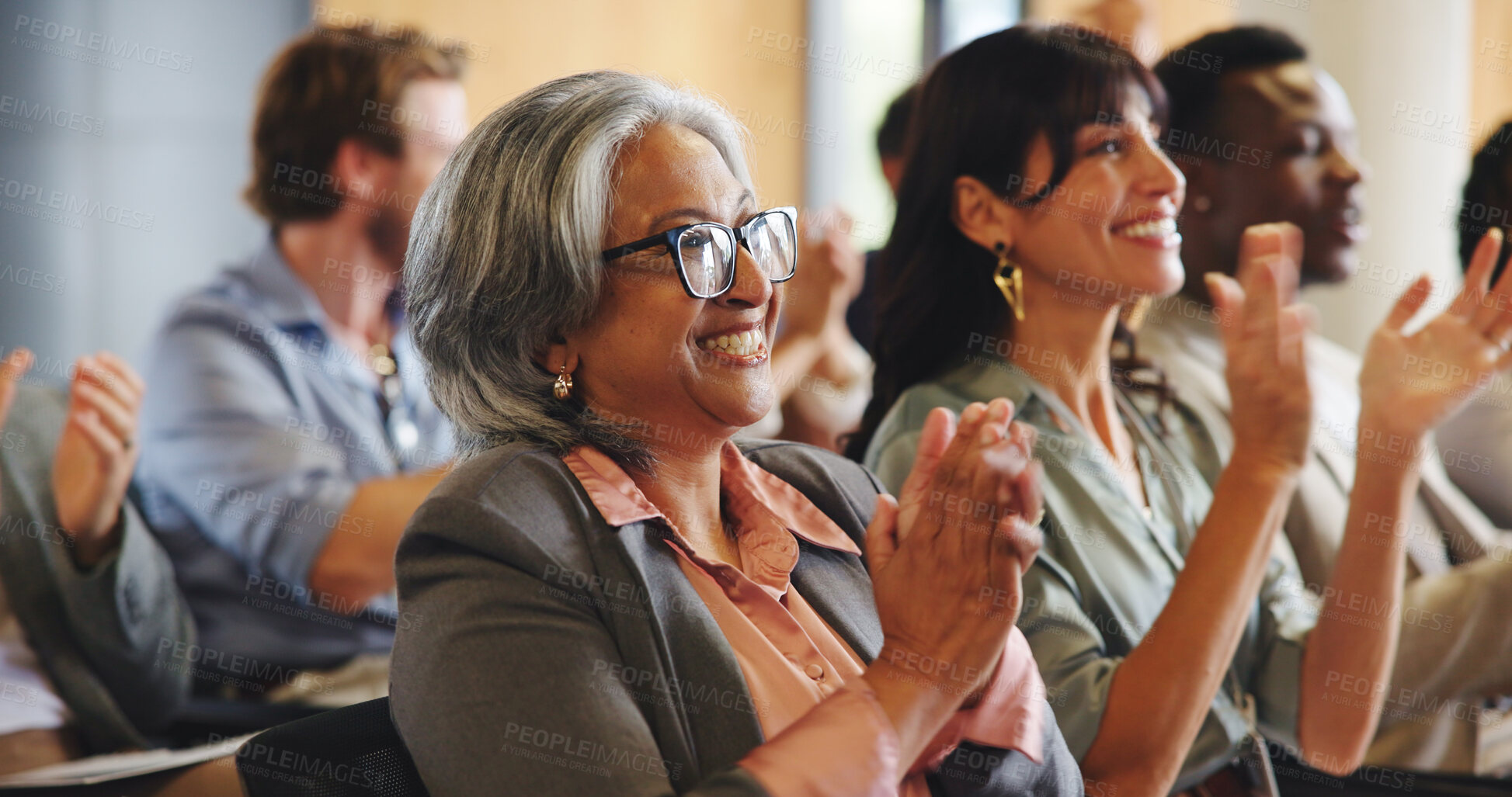 Buy stock photo Business people, audience and applause with presentation, summit and seminar event. Workshop, achievement and success announcement with growth, sales proposal and crowd support for conference pitch