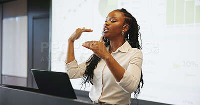 Buy stock photo Presentation, talking or black woman with laptop at podium, company stats or performance data review. Business seminar, pc or employee with info analysis, explain chart or graph for growth discussion