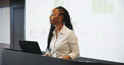 Buy stock photo Presentation, black woman or speaker with laptop at podium, company stats or performance data discussion. Business growth, pc or employee with projector screen for speech, charts or graphs for info