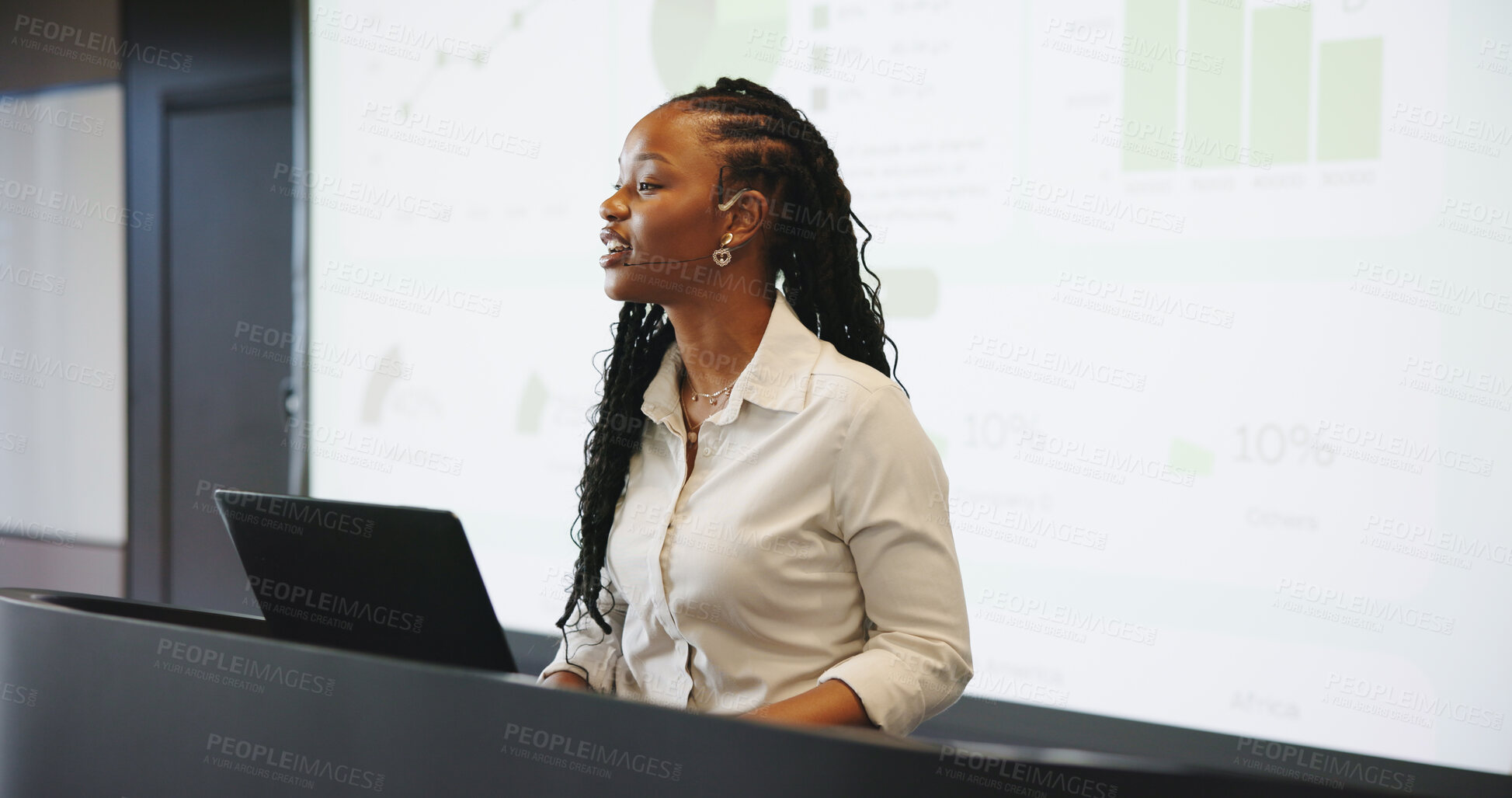 Buy stock photo Presentation, black woman or speaker with laptop at podium, company stats or performance data discussion. Business growth, pc or employee with projector screen for speech, charts or graphs for info