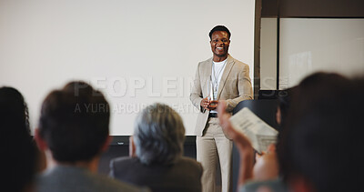 Buy stock photo Man, audience and speaker with award for presentation, business conference or event. Workshop, congratulations and prize announcement with coach, achievement or recognition for career development