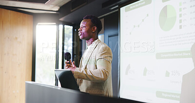 Buy stock photo Presentation, black man or speaker with tech at podium, company stats or performance data discussion. Business seminar, pc or presenter with mic for growth speech, digital charts or graph with space