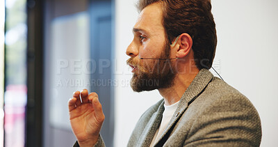 Buy stock photo Presentation, seminar and businessman in office for planning with finance conference for training. Meeting, speech and male financial manager with microphone for investment pitch in workplace.