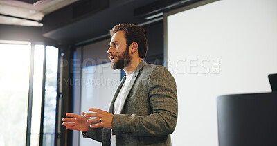 Buy stock photo Presentation, meeting and businessman in office for planning with finance pitch for training. Seminar, professional and male financial manager with conference for investment proposal in workplace.