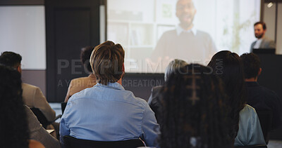 Buy stock photo Webinar, audience and speaker with presentation, business workshop and seminar event. Conference screen, training and video call summit with people, sales education and crowd for career development