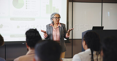 Buy stock photo Business woman, audience and speaker with presentation, conference charts and seminar event. Workshop, training and graphs feedback with coach, sales proposal and upskill crowd for career development