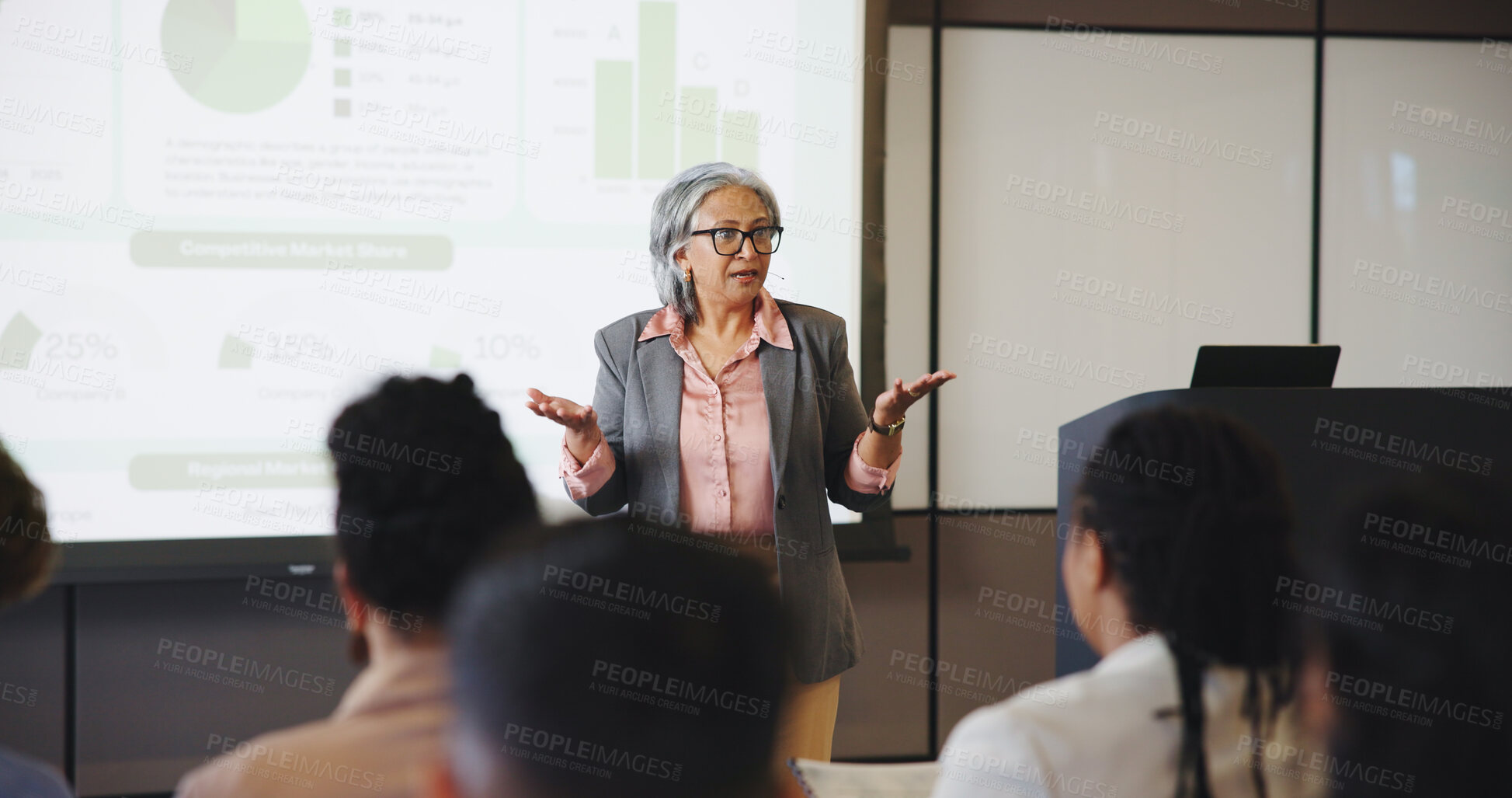 Buy stock photo Business woman, audience and speaker with presentation, conference charts and seminar event. Workshop, training and graphs feedback with coach, sales proposal and upskill crowd for career development