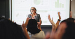 Business woman, audience and applause with presentation, conference charts and seminar event. Workshop, training and graphs feedback with coach, sales success and crowd for career development