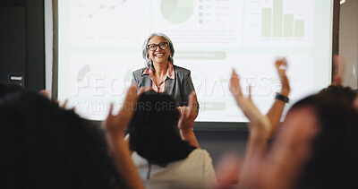 Buy stock photo Business woman, audience and applause with presentation, conference charts and seminar event. Workshop, training and graphs feedback with mature coach, sales success and crowd for career development