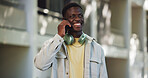 Black man, phone call and communication in city with smile for mobile chat, conversation or connection. Male person, contact or talking with smartphone, happiness and headphones outdoor in town