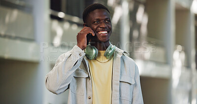 Buy stock photo Black man, phone call and communication in city with smile for mobile chat, conversation or connection. Male person, contact or talking with smartphone, happiness and headphones outdoor in town