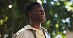 Black man, zen or outdoor with peace for travel, meditation or fresh air at bokeh. Male person, tourist or reflection in nature for relax, mental health wellness or new perspective in Nigeria