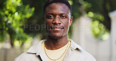 Buy stock photo Black man, portrait and outdoor on campus with smile, space and positive for learning, scholarship or academics. Male person, student and college pride with growth or development for higher education