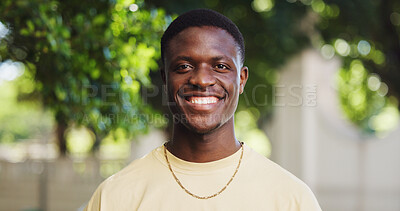 Buy stock photo Happy black man, portrait and outdoor on campus, space and positive for learning, scholarship or academics. Male person, student and college pride with growth or development for higher education