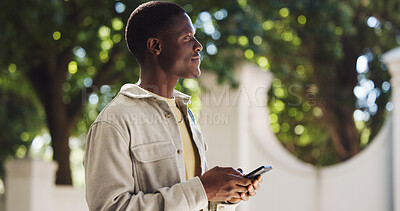 Buy stock photo Black man, thinking and smartphone outdoor for communication or post ideas for social media platform. Male person, mobile phone and reflection in nature with chat app for email, texting or contact