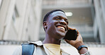 Black man, below and phone call with communication in city for mobile chat, conversation or connection on campus. Student, contact or talking with smartphone, happiness or smile outdoor in town