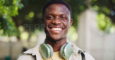 Buy stock photo Black man, student and outdoor in portrait with smile, learning opportunity and scholarship. Education, person and bokeh on campus for university registration, academic course and positive in Nigeria