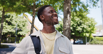 Buy stock photo Black man, student and thinking on campus with smile, education opportunity and environmental study. Ecology degree, person and happy at university with perspective, academic scholarship and pride