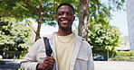 Black man, portrait and smile in city with low angle, space and positive for learning, scholarship or academics. Person, student and college pride with growth or development for education outdoor