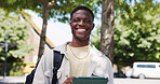 Black man, student and outdoor in portrait with tablet, learning opportunity and scholarship. Education, person and tech on campus for university registration, academic course and positive in Nigeria
