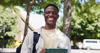 Buy stock photo Black man, student and outdoor in portrait with tablet, learning opportunity and scholarship. Education, person and tech on campus for university registration, academic course and positive in Nigeria