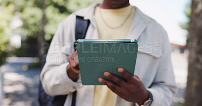 Buy stock photo Man, hands and student in city with tablet, university schedule or course program information. Academic, person or outdoor with tech for research, calendar reminder or education opportunity on campus