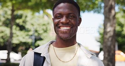 Buy stock photo Black man, portrait and outdoor with smile for university, positive for learning and scholarship for academics. Male person, student and college pride with growth or development for education in city