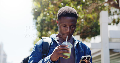 Buy stock photo Black man, student and drink outdoor with phone, social media and study break in city. Male person, academic and matcha beverage on campus with mobile, college course schedule and check notification