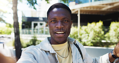 Buy stock photo Video call, portrait and student or black man in city for live streaming, campus tour and social media. College influencer, content creator and communication with person outdoor for connection POV