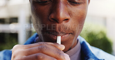 Buy stock photo Straw, drink and mouth of man in city for protein shake, gut health and nutrition beverage. Wellness, vitamin c and digestion detox with person drinking outdoor for smoothie and mineral juice