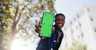 Buy stock photo Green screen, phone and hands of man in city for social media, communication and ad offer. Low angle, website ux and mockup space with person outdoor for online promotion, mobile app and show