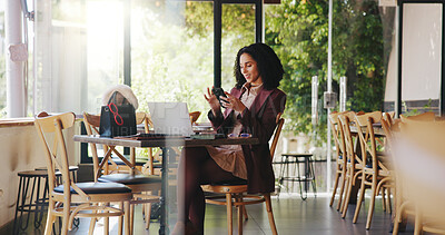 Buy stock photo Phone, laptop and remote worker with woman in cafe for hospitality blog, food review and research. Freelancer, online report and restaurant critic with person in coffee shop for reading and web log