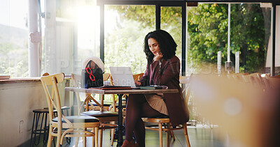 Buy stock photo Reading, laptop and freelancer with woman in cafe for hospitality blog, food review and research. Remote worker, online report and restaurant critic with person in coffee shop for email and web log