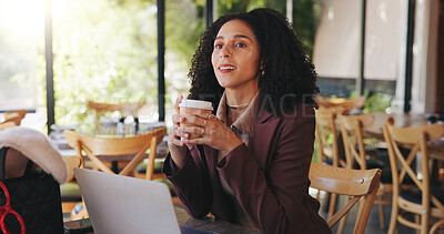 Buy stock photo Coffee, laptop and thinking with woman in cafe for hospitality blog, food review and research vision. Remote worker, online reflection and restaurant critic with person and mug for email and web log