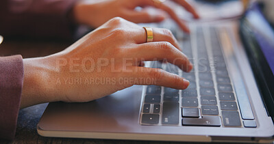 Buy stock photo Hands, laptop and research with business woman in office for typing, email marketing and journalist. Newsletter subscription, online editor and networking app with person in creative agency for post