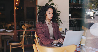 Buy stock photo Research, laptop and freelancer with woman in cafe for hospitality blog, food review and email. Remote worker, online report and restaurant critic with person in coffee shop for reading and web log