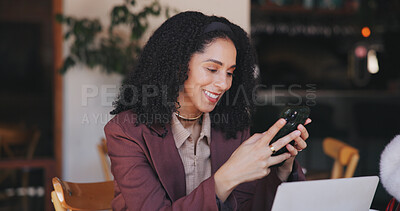 Buy stock photo Phone, laptop and smile with woman in cafe for hospitality blog, food review and research. Remote worker, online report and restaurant critic with person in coffee shop for reading and web log