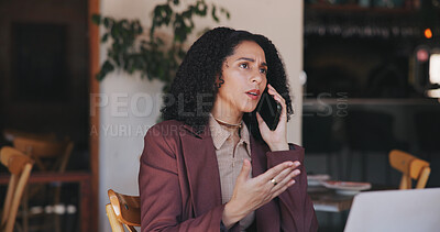 Buy stock photo Woman, business owner or phone call in cafe with stress, startup management or worry for stock delay. Entrepreneur, communication or upset in restaurant with unreliable supplier, order error or fail