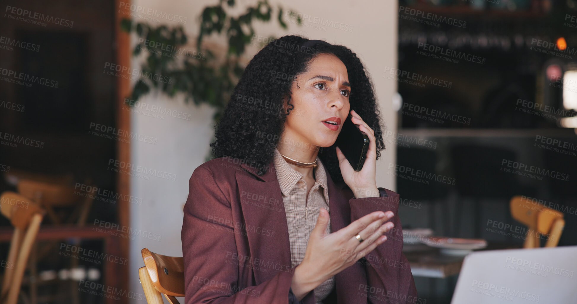 Buy stock photo Woman, business owner or phone call in cafe with stress, startup management or worry for stock delay. Entrepreneur, communication or upset in restaurant with unreliable supplier, order error or fail