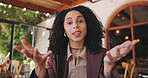 Woman, portrait and video call in cafe for business, online meeting and remote work opportunity. Female freelancer, POV and talking in restaurant for feedback, virtual interview and communication