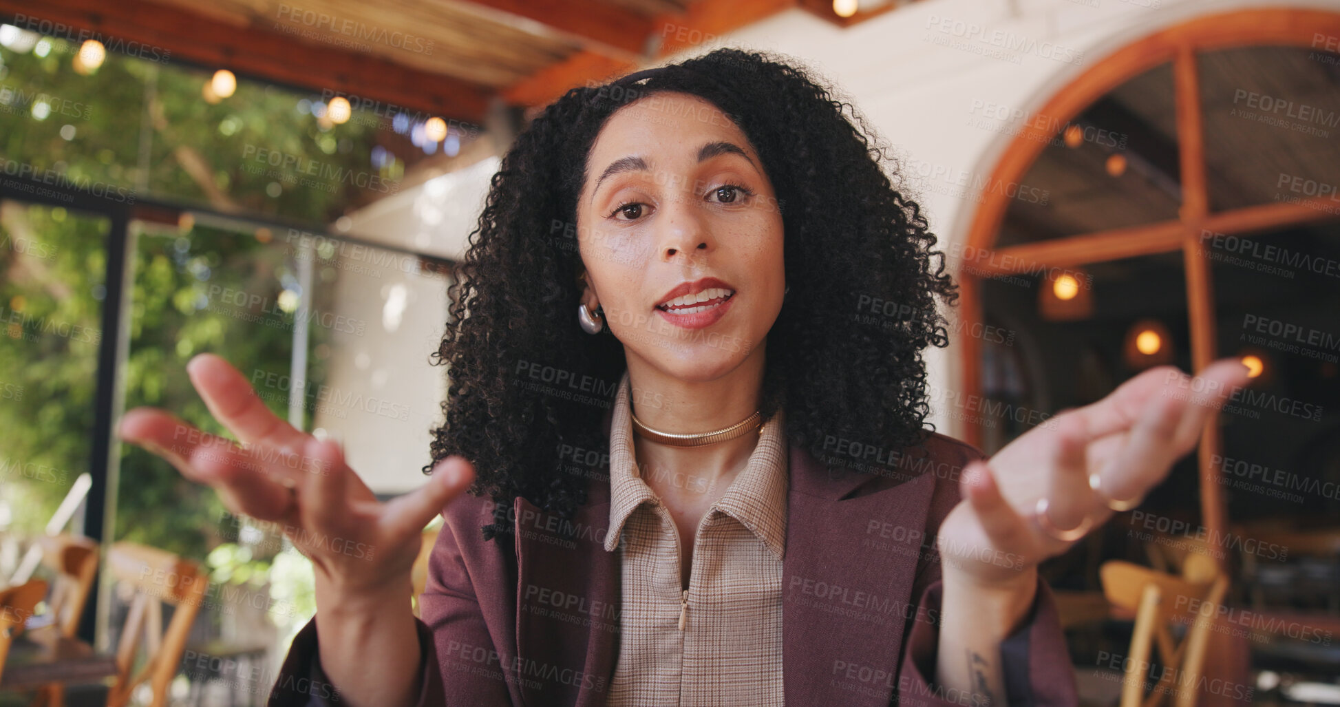 Buy stock photo Woman, portrait and video call in cafe for business, online meeting and remote work opportunity. Female freelancer, POV and talking in restaurant for feedback, virtual interview and communication