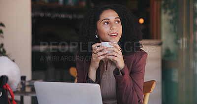 Buy stock photo Drink, laptop and thinking with woman in cafe for hospitality blog, food review and reflection. Remote worker, online vision and restaurant critic with person in coffee shop for idea and web log