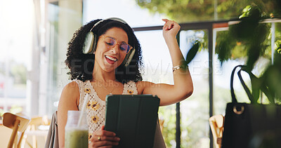 Buy stock photo Woman, headphones and tablet in cafe with success, audiobook or university portal with positive exam results. Student, cheering or yes for good test score, drink and audio tech in college cafeteria
