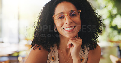 Buy stock photo Woman, smile and glasses in cafe to relax, vision and positive mood with space. Spectacles, portrait and female person with break at coffee shop with thinking for optical wellness in Brazil.