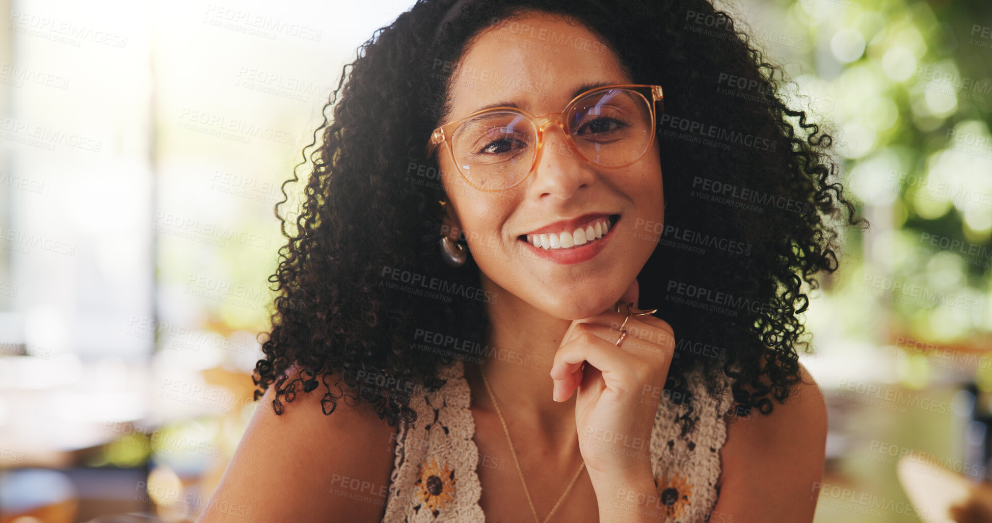 Buy stock photo Woman, smile and glasses in cafe to relax, vision and positive mood with space. Spectacles, portrait and female person with break at coffee shop with thinking for optical wellness in Brazil.