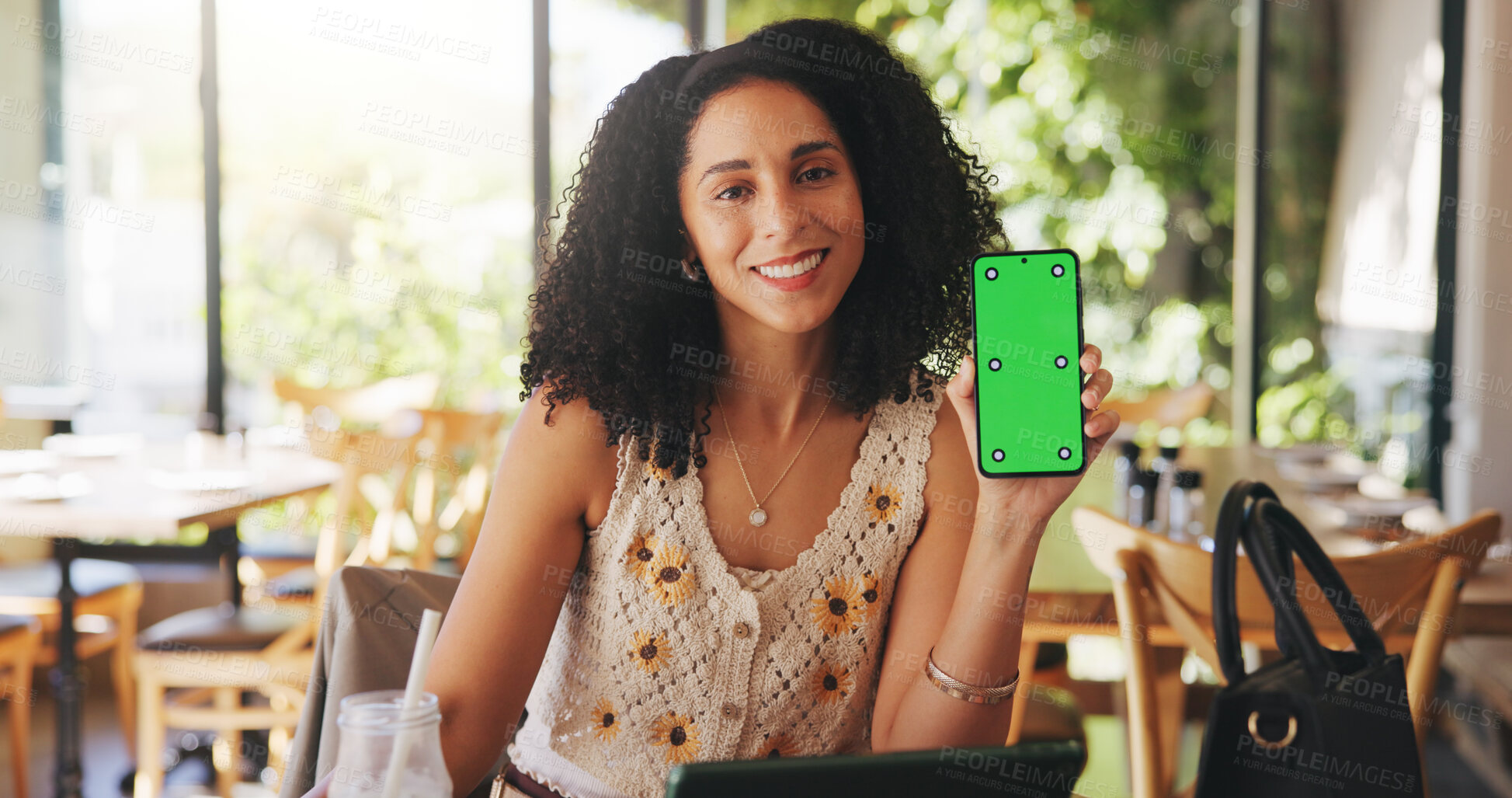 Buy stock photo Woman, portrait and phone green screen in cafe for connection, network or restaurant review platform. Customer, tech mockup space or smile in diner for rating service, menu UI and loyalty program app