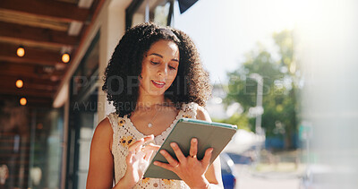 Buy stock photo Woman, tablet and typing in cafe for social media, travel blog update and review diner. Customer, tech and scroll at window for online forum, email notification and browse loyalty app in restaurant
