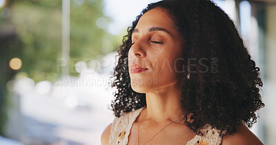 Buy stock photo Woman, peace and relax in small business with zen, stress relief and grounding technique. Entrepreneur, meditation and calm in creative startup for mental health, breathing exercise and mindfulness