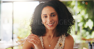 Buy stock photo Woman, smile and portrait in cafe with glasses for eyesight, relax or weekend wellness with positive mood. Happy, calm and female person with spectacles for vision, break or off day at coffee shop