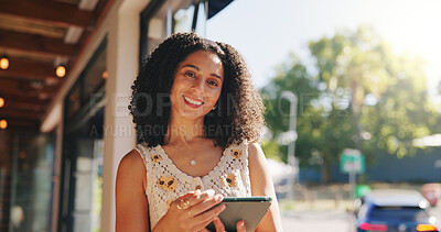Buy stock photo Woman, tablet and portrait in cafe for social media, travel blog update and online review. Customer, tech and happy at window for forum feedback, notification and sign up on loyalty app in restaurant